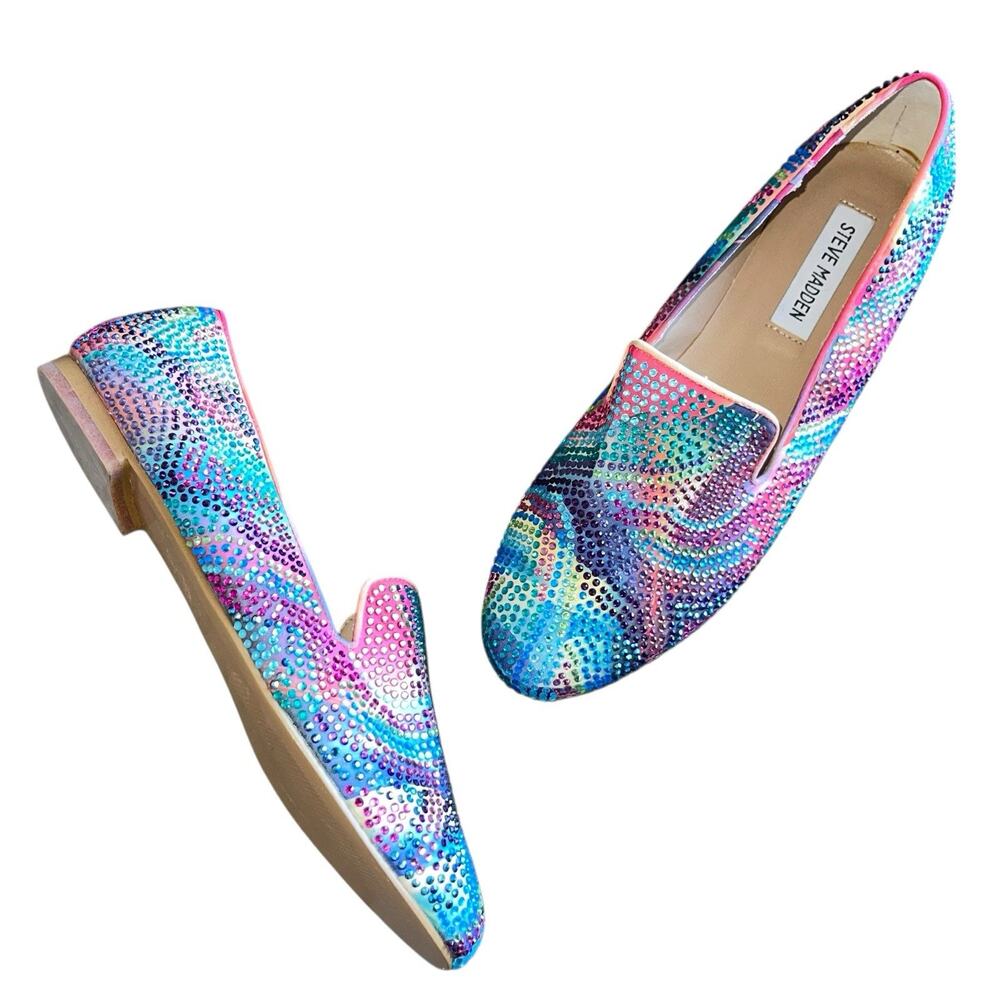 Steve Madden Multicolor Rhinestone Slip-On Flats Rainbow - Picture 2 of 9